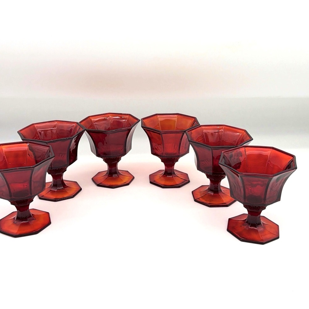 Independence Glass Ruby Red Amberina Octagonal Fluted Pedestal Goblets Set of 6